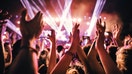 Rear view of large group of people enjoying a concert performance.  People in foreground are released.